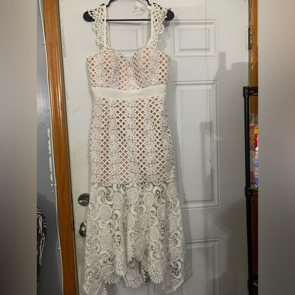 Jarlo White Lace Maxi Dress with Sheer Crochet Panels